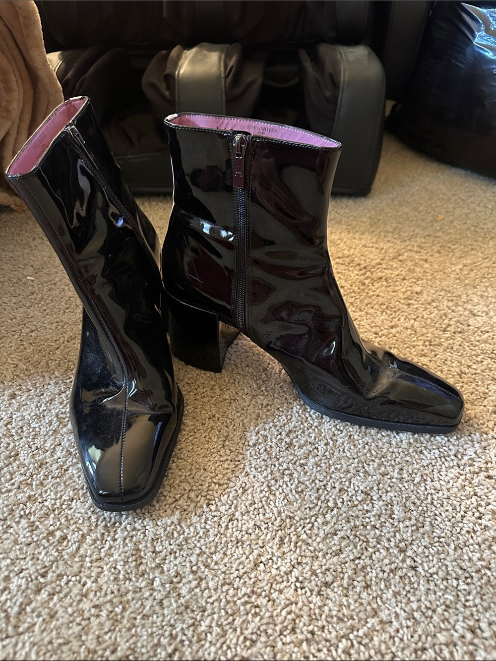 3inch heel. Source Unknown Black Patent Block Heel Ankle Boots with Pink Lining